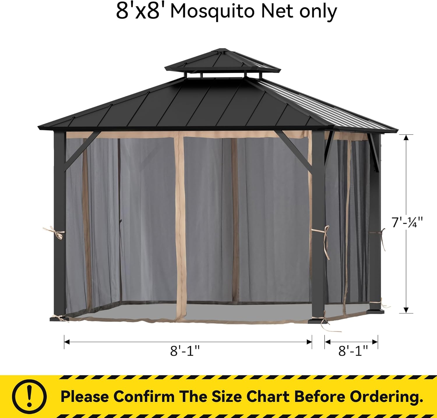 covered outdoor gazebo mosquito netting replacement universal 4-panel sidewalls 8' x 8', outdoor gazebo mosquito nettings with double zipper, replacement for patio canopy, garden (mosquito net only) 8' x 8' khaki and black
