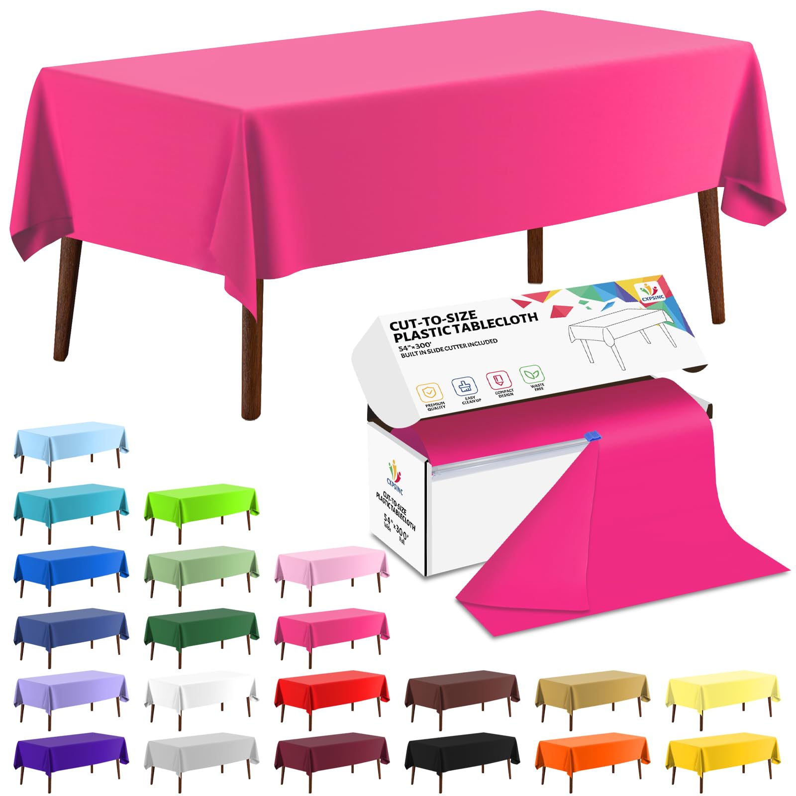 CXPSINC 54 Inch X 300 Feet Plastic Table Cover Roll Disposable Tablecloth with Slide Cutter for All Type/Shape Tables | Party, Banquet, Birthdays, Weddings(Fuchsia, 300 Feet) — image 1