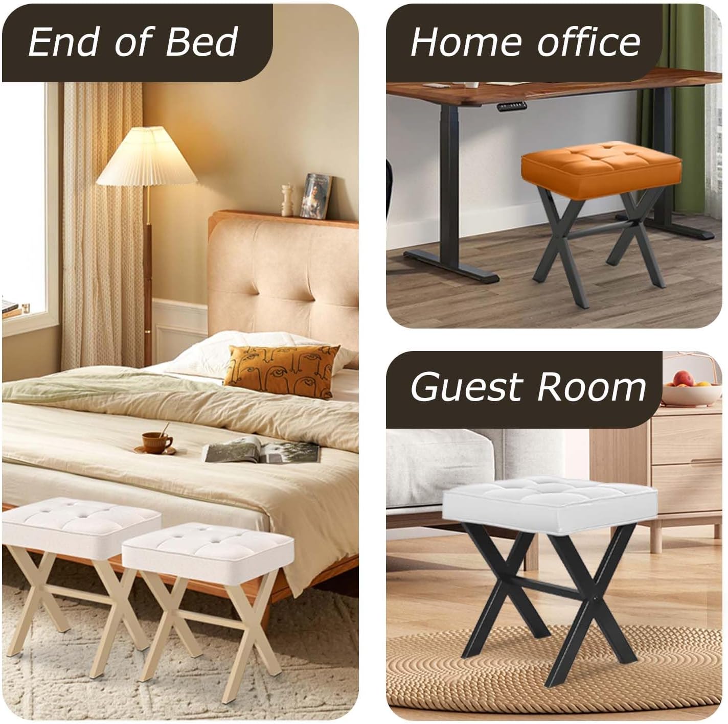 Ottoman Foot Stool,Upholstered Cushion Vanity Stool with Matte Sand Metal X-Leg,Small Make up Stool for Vanity,18 Inch Leather Foot Stool, Square Makeup Stool for Bedroom,Living Room, Flaxen