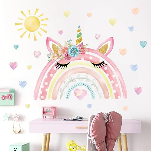 Miniatura 3 de wondever Calcomanías de pared grandes con diseño de arco iris de acuarela, diseño de unicornio y corazones de arco iris, calcomanías de arte para