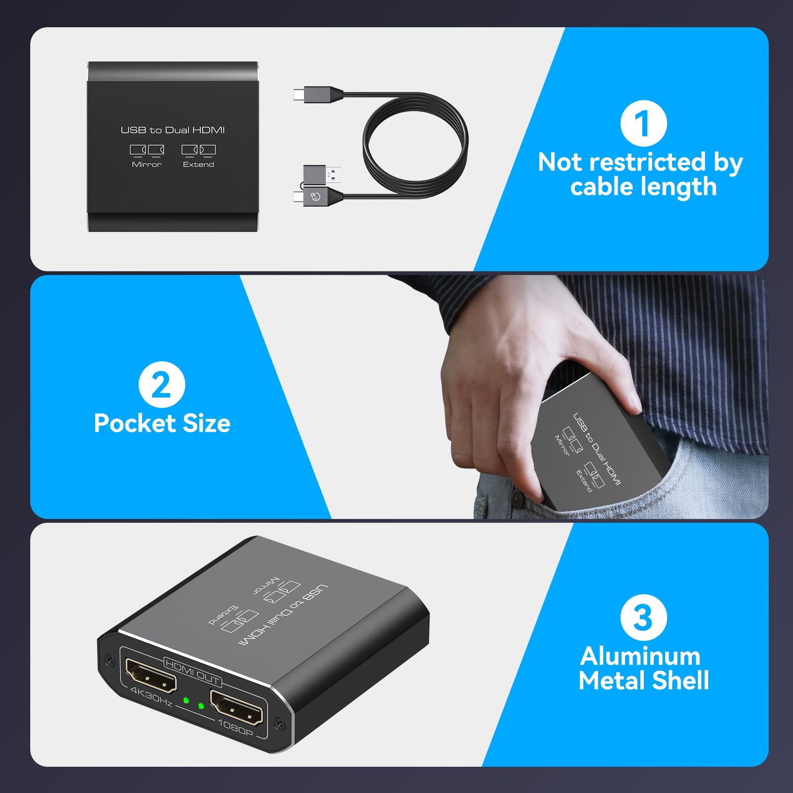 Splitter HDMI Display esteso per doppio monitor USB A & C a 2 hdmi Adapter 1 in 2 Out per laptop Mac Triple Set Supporto MST & SST modalità; 4K @30Hz Out 1, 1080p Out 2