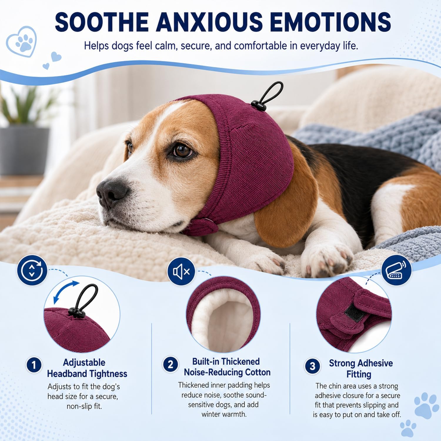 Dog Ear Muffs for Noise Protection, Dark Red: Small(Head Circle:10"-15") | Anxiety Relief, Adjustable Quiet Calming Hoodie Cover Wrap for Dogs During Fireworks, Grooming, Drying, Hematoma Protection