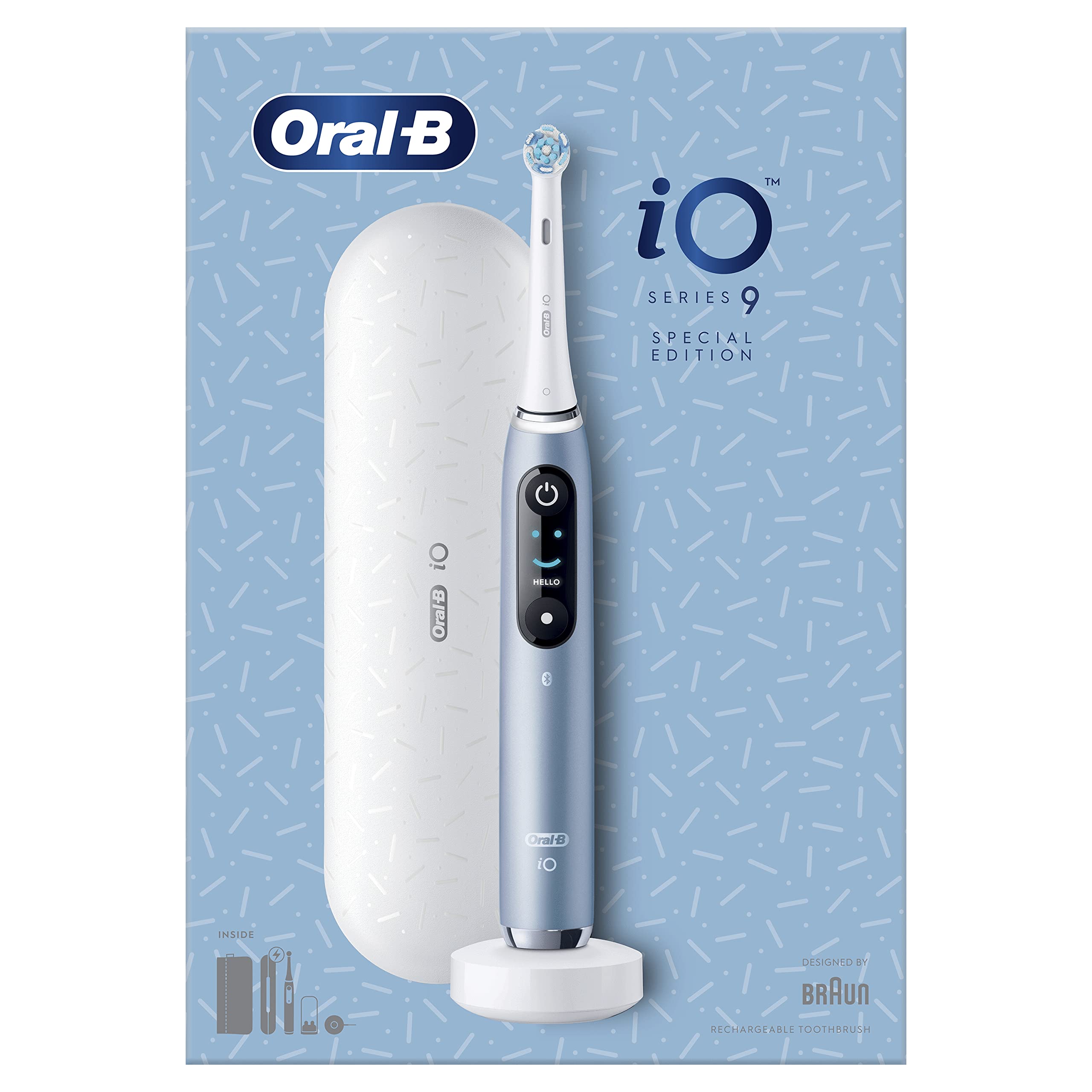 Oral-B Cepillo de dientes eléctrico iO Serie 9, edición especial, se conecta a la aplicación móvil Oral-B, con tecnología magnética iO, estuche de viaje con función de carga, bolsa de cosméticos, azul