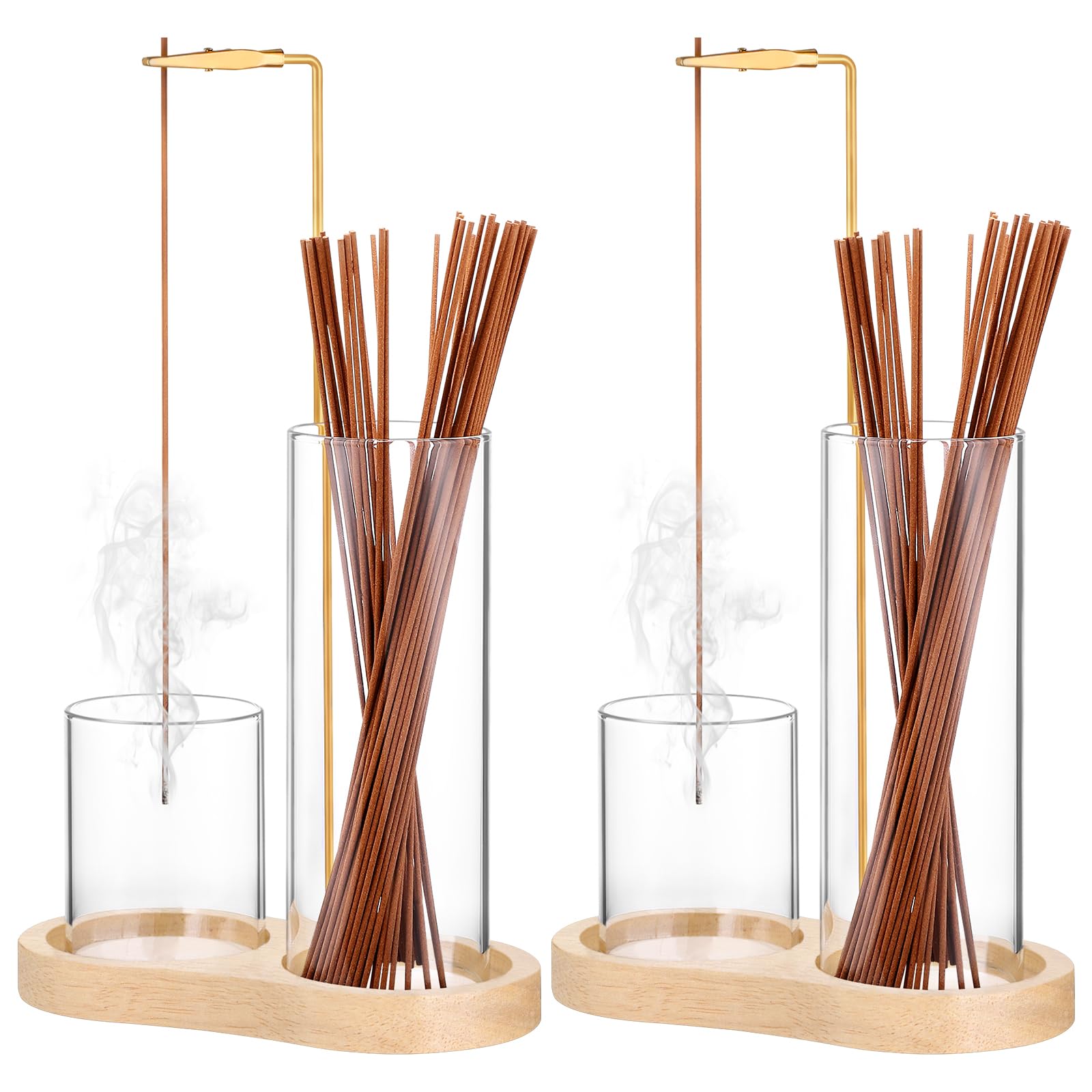 2Pcs Wooden Upside Down Incense Holder for Sticks with Removable Glass Ash Catcher 2-in-1 Incense Holder for Yoga Spa Madiation home decor (Wood Color)
