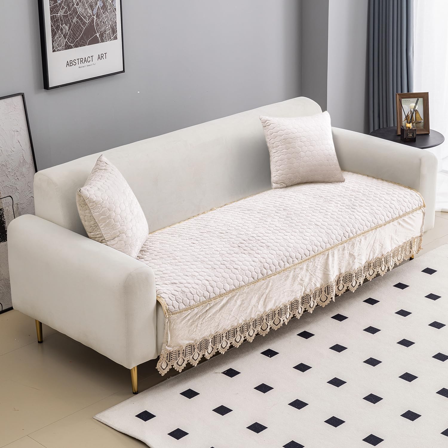 HOKIPO Premium Dutch Velvet Anti Slip Sofa Seat Mat for 3+2 Seater and 1/2/3 Seater Sofa. Make Your Own Sofa Cover Set, Mat Length 120 cm, Beige (AR-4952-BGE)-image-48