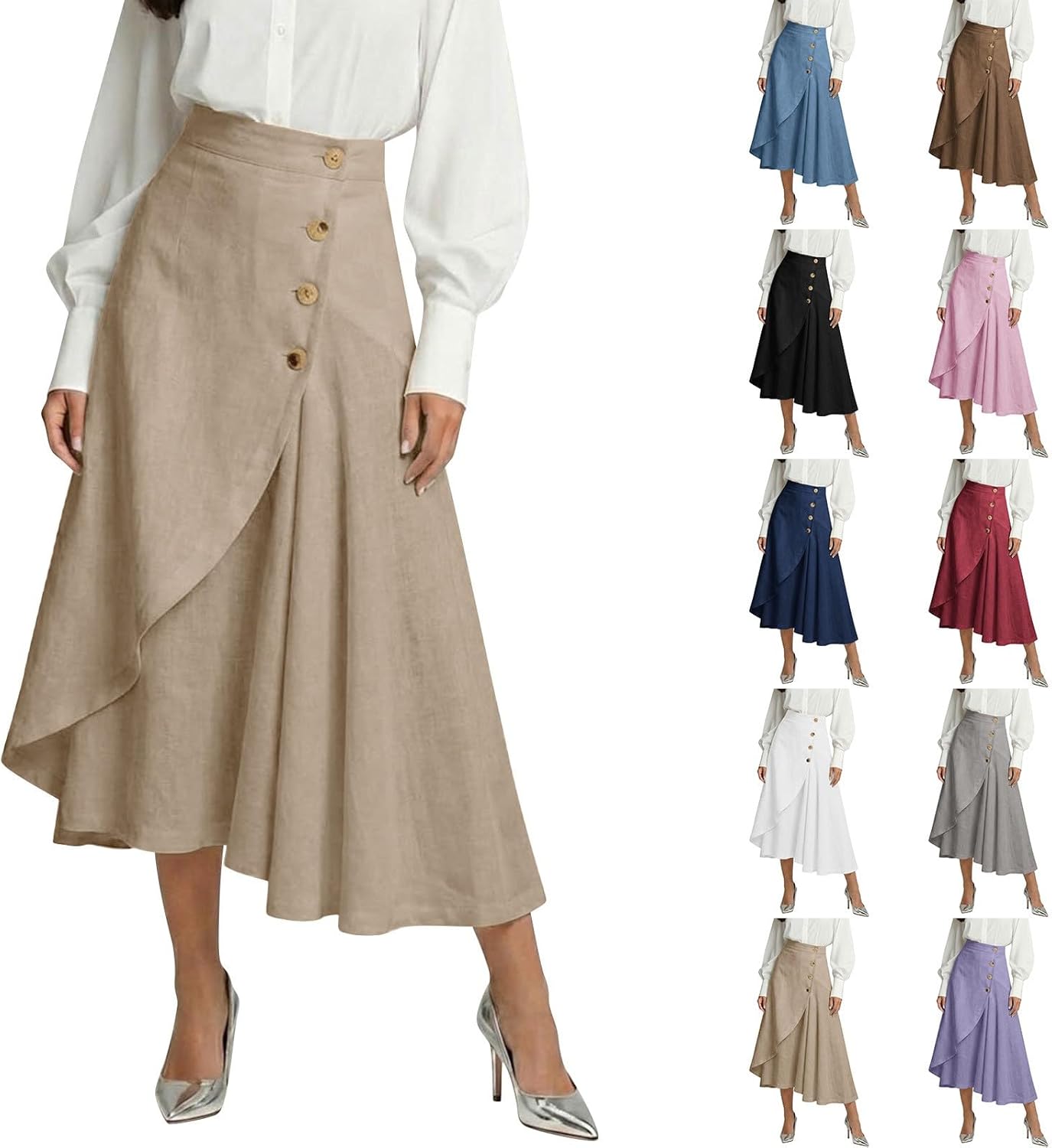 JiXiang Long Skirts for Women Summer Elegant Asymmetrical Button Down Midi Dress Vintage A line High Waisted Casual Skirt