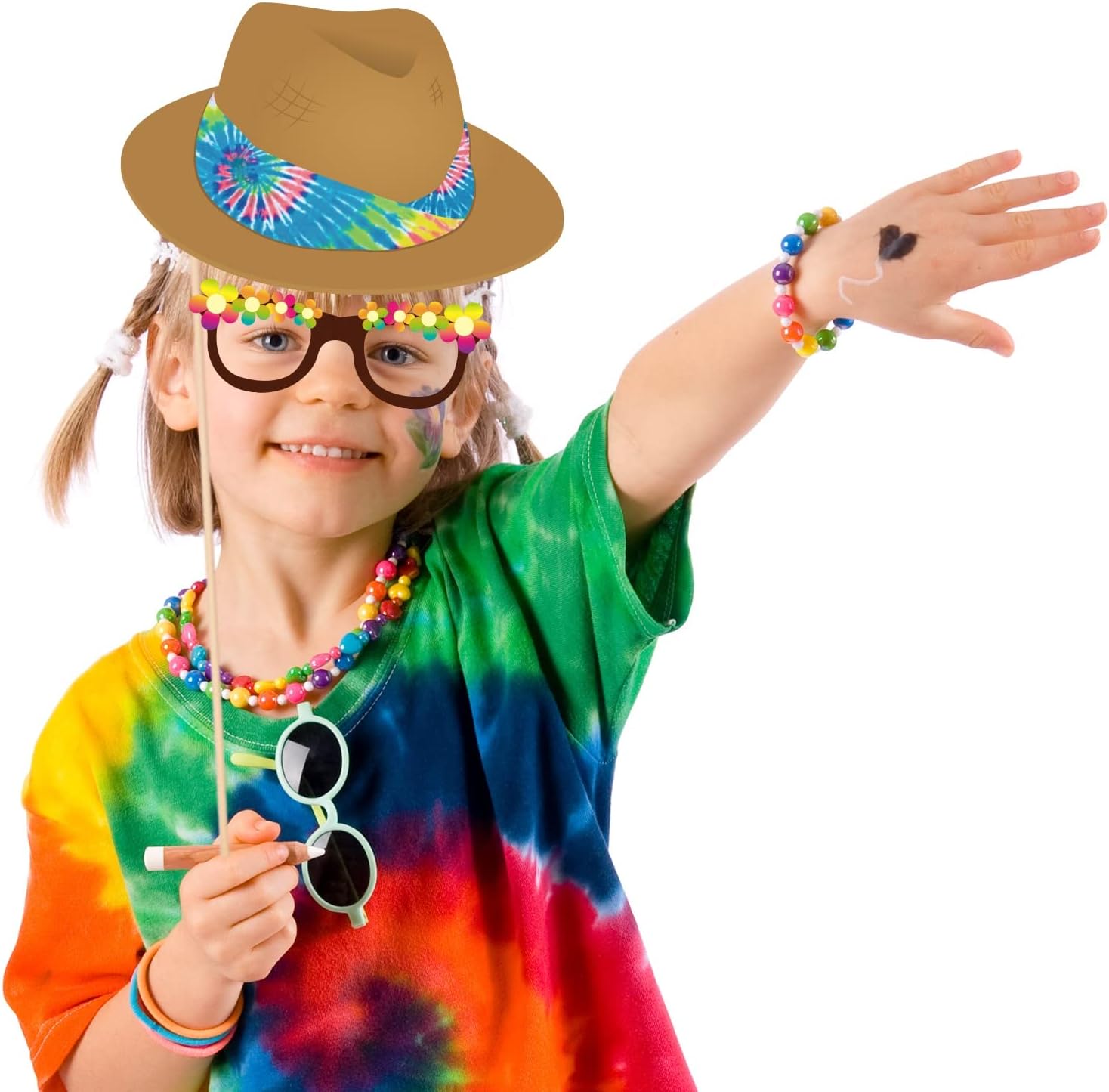 25Pcs Hippie Photo Booth Props with Stick, 60's 70's Groovy Theme Selfie Props, Tie Dye Birthday Party Supplies, Peace Sign Photography Backdrop Decorations