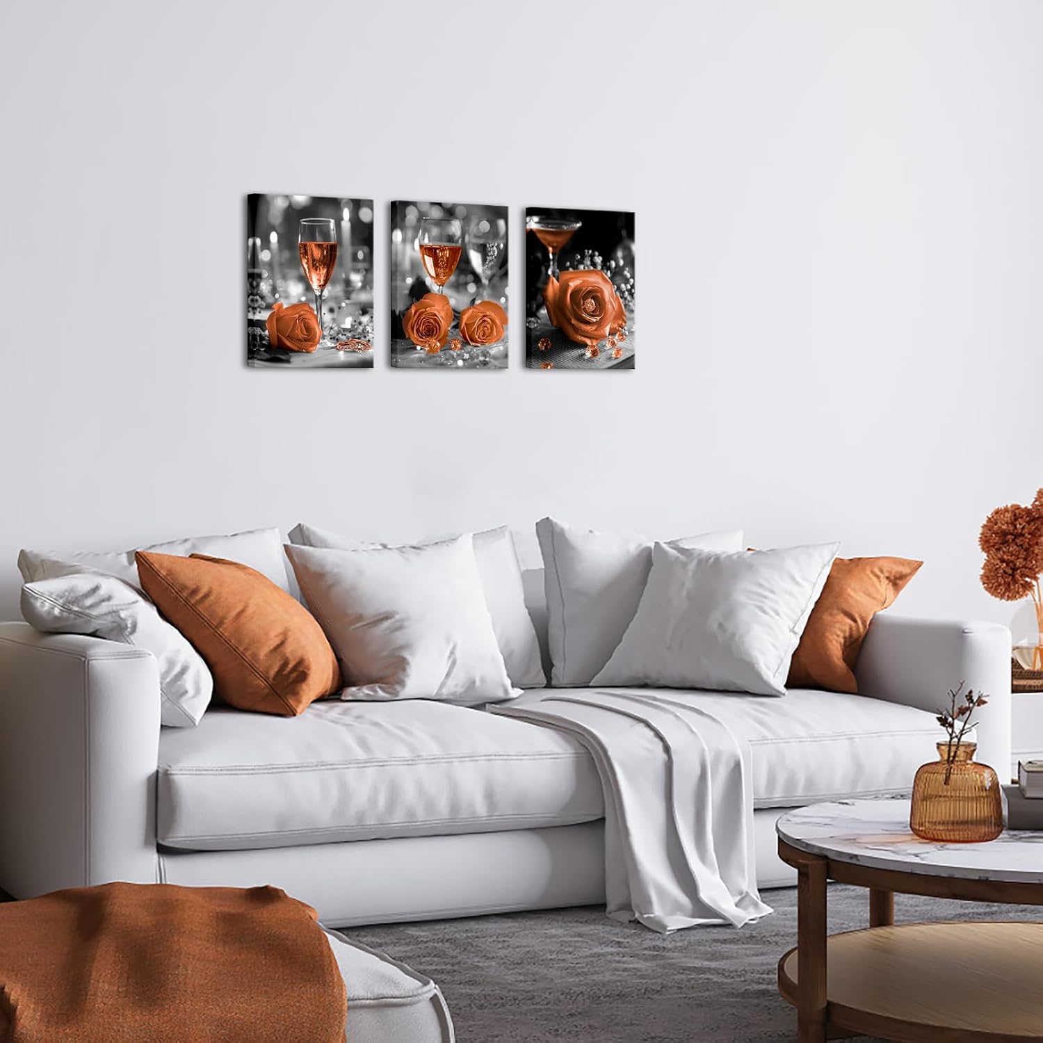 Nachic Wall Wine Wall Art Decor Orange Wine and Rose Diamond Picture Canvas Prints Modern Dining Room Restaurant Decor (Orange)