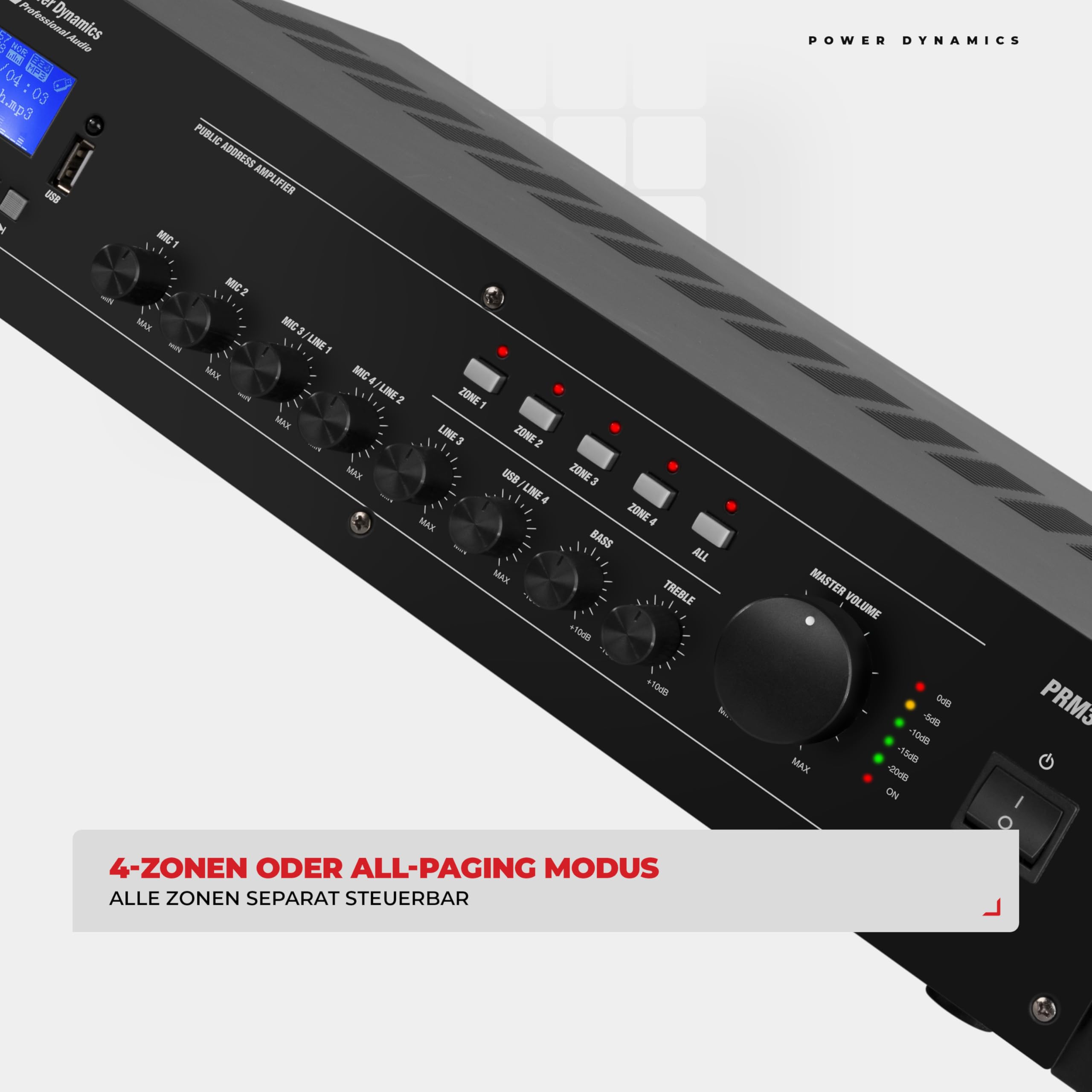 Power Dynamics PRM360 PA Endstufe - Verstärker für Lautsprecher und Musikanlagen, 100 Volt System, 360 Watt PA Verstärker, Bluetooth, MP3-Player, USB, SD, 2x Mic, Soundverstärker