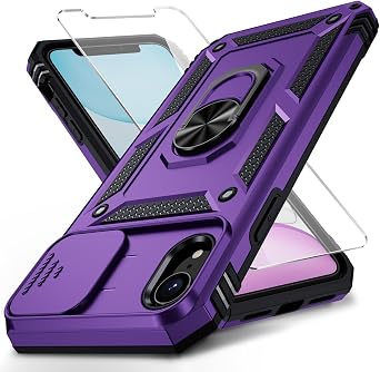 for iPhone XR Case with Camera Lens Cover, HD Screen Protector, 10 FT Military Grade Drop Protection, Magnetic Ring Holder Kickstand Protective Phone Case, Deep Purple
