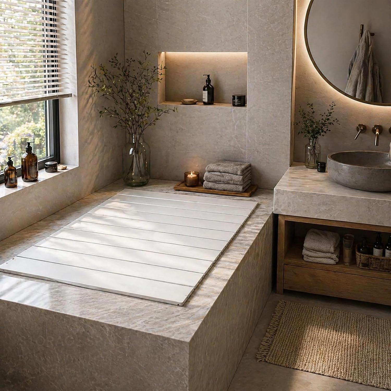 Foldable Bathtub Cover, 31.5 x 62.2 in, Thick PVC Insulated Bath Lid | 0.47-Inch Thick PVC Panels, White Wood-Grain Finish, Stable Bath Caddy Surface for Tablets, Books Toiletries