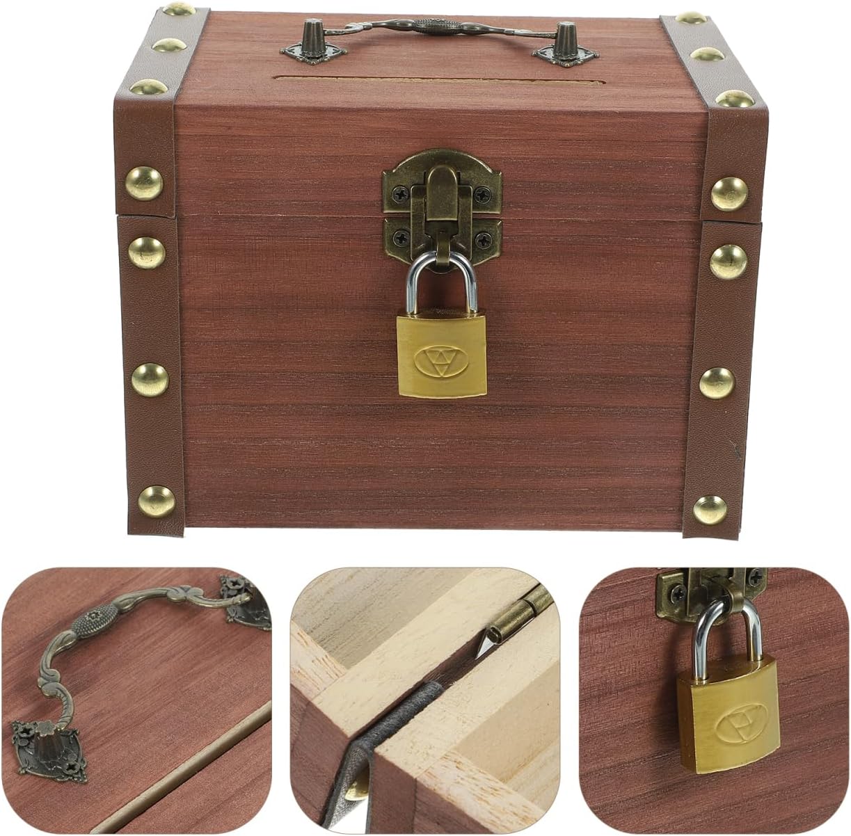 Kisangel Wooden Piggy Bank Retro Style Treasure Chest Coin Storage Box with Lock and 2 Keys Vintage Money Saving Jar for Kids and Adults Compact 5.90X4.33X3.93 Inch
