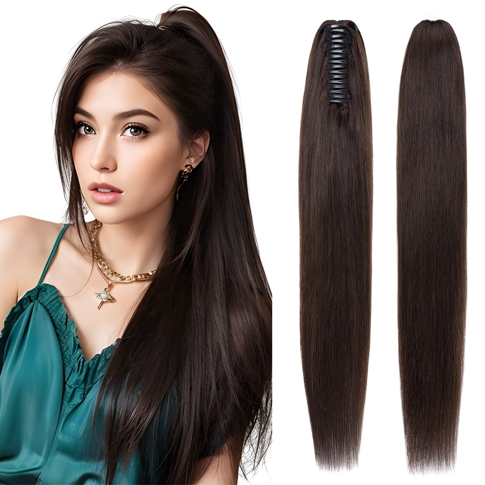 Elailite Claw Clip Ponytail Hair Extensions Real Human Hair Natural HairPiece Straight (#2 Dark Brown, 22 Inch)