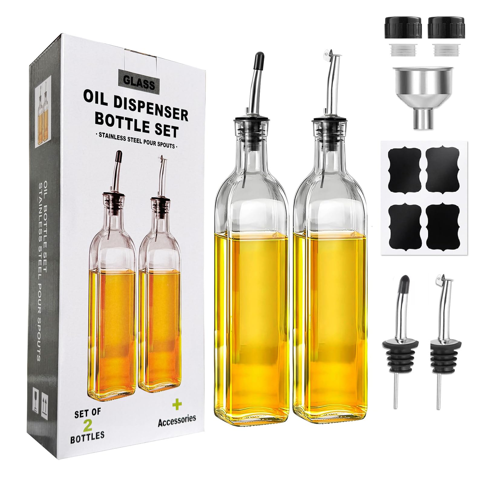 Dispensador de aceite de oliva,botella para aceite de oliva，botella de vidrio cuadrada alta con boquilla vertedora de acero inoxidable,2PCS,con vertido, embudo,tapa,17 oz/500 ml transparente - transparente