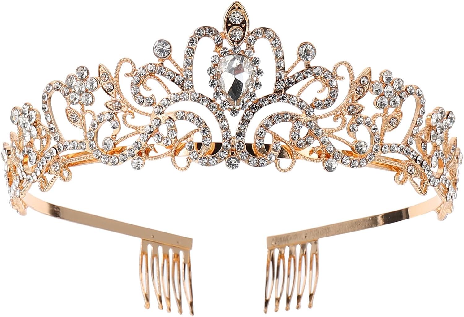 Ciieeo Bridal Rhinestone Crown Headpiece with Combs Gold Wedding Tiara for Women Prom Party Hair Accessory