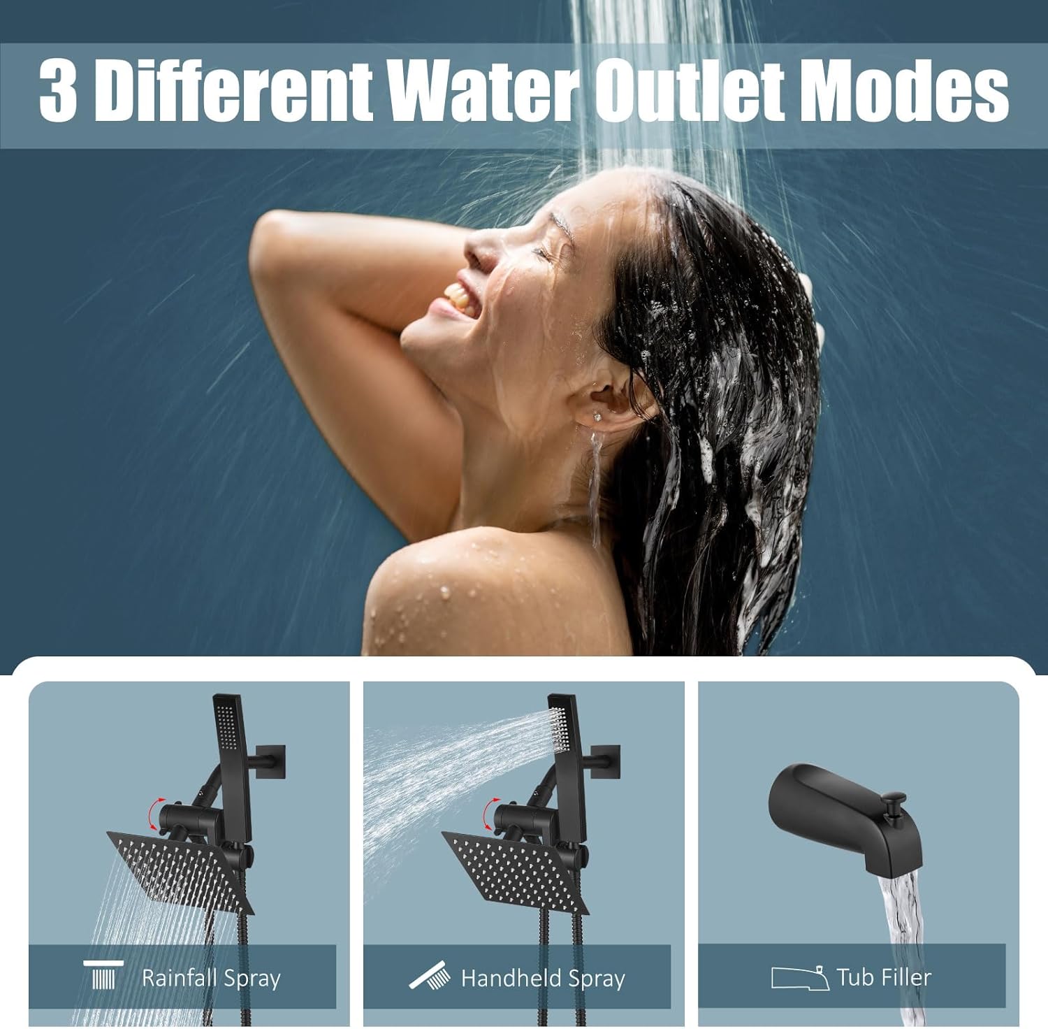 Aolemi Shower Tub Faucet Set with Handheld Spray Shower System Single Shower Rainfall Head and Handle with Tub Spout Combo Rough-in Valve Included Shower Trim Kit 6 Inch Shower Head, Matte Black - Image 3