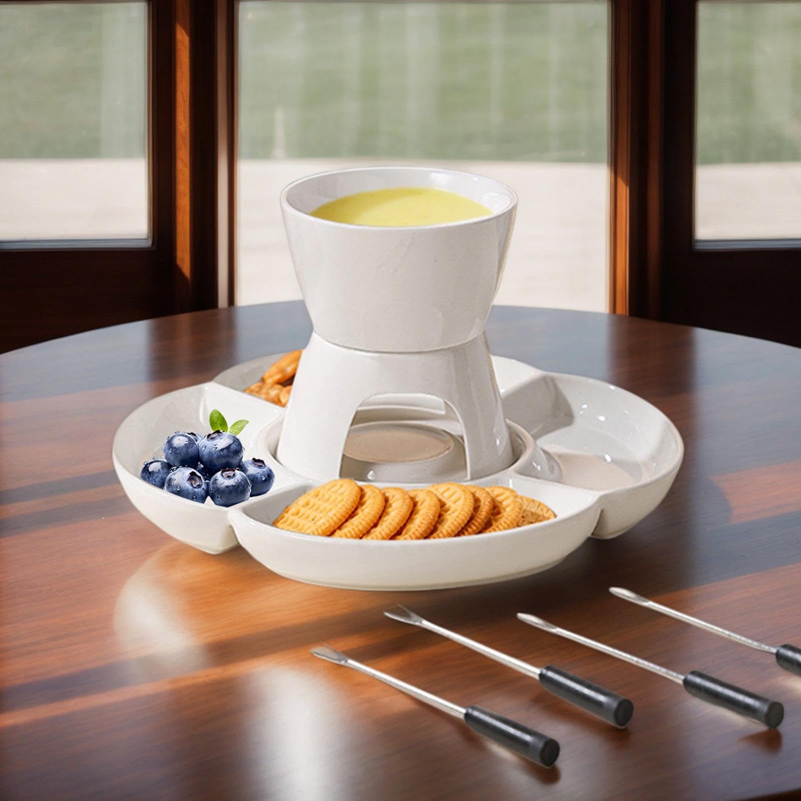 Set per Fonduta Pentola Ceramica, Riscaldamento Candela, Forchette Fonduta,