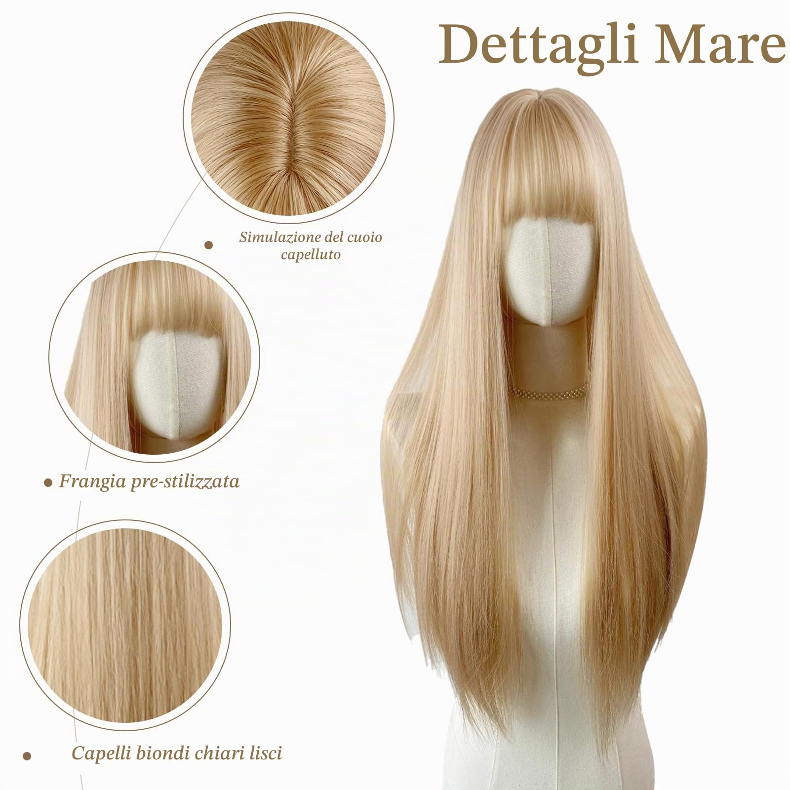 Parrucche Lunghe Lisce Bionde per Donne con Frangia, 70cm Parrucche Lunga Layered Lisci per Donna, Parrucca Naturale e Liscia Dritto Fibra Sintética Resistente per Cosplay Festa Uso Quotidiano