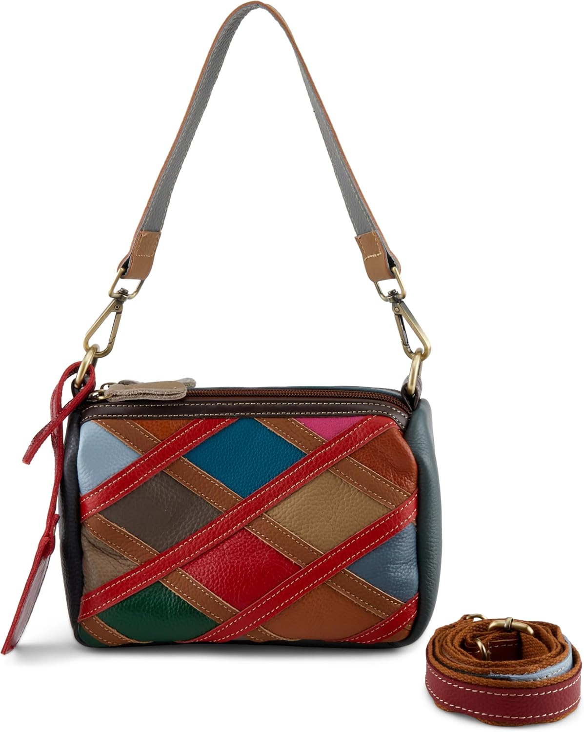 Spring Step L'Artiste HB-Shoulder – Multicolor Genuine Pebbled Leather Compact Shoulder Bag with Dual Zip Compartments and Convertible Straps – Rainbow