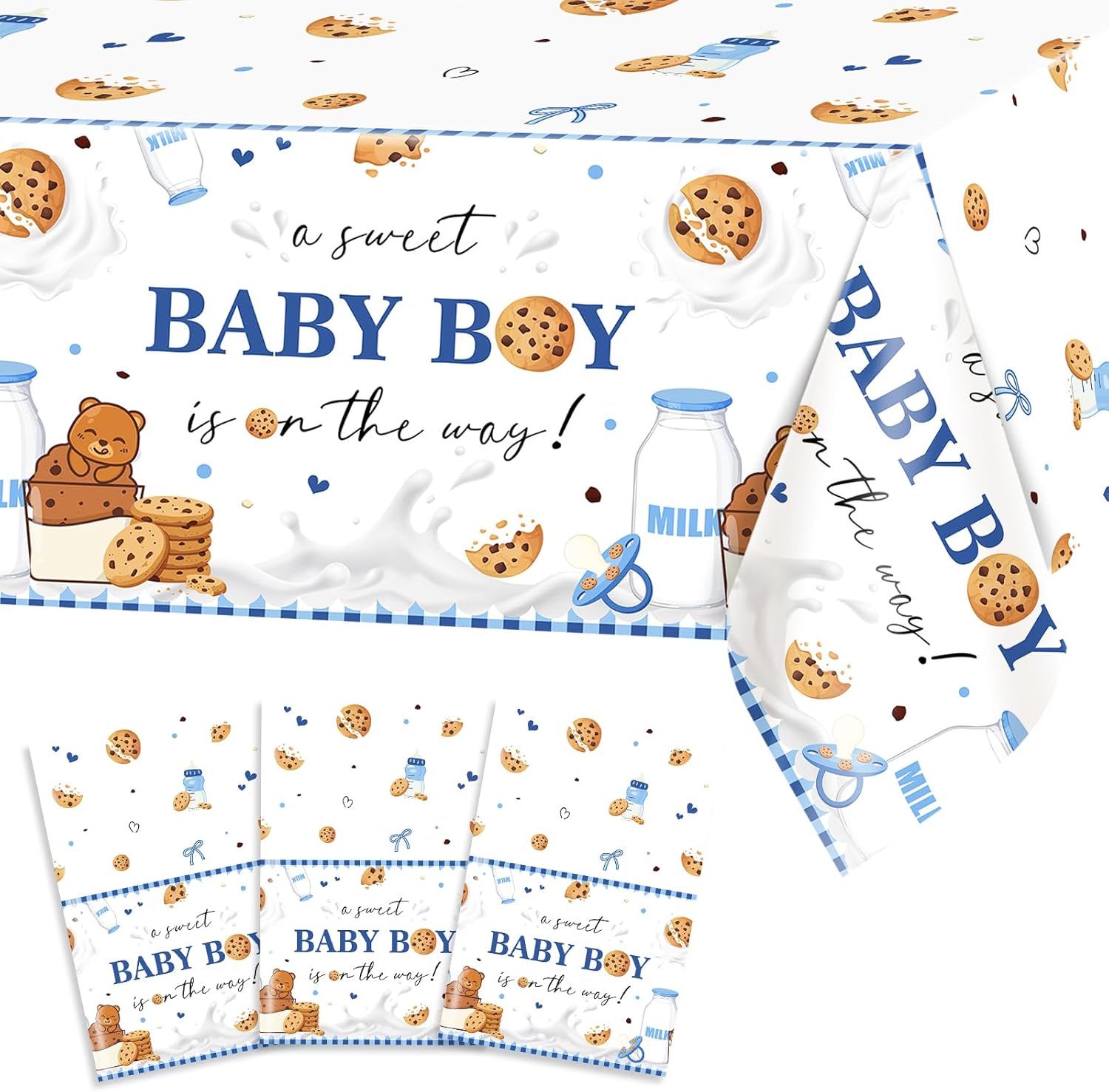 Avezano 3 pcs Milk Cookie Baby Shower Tablecloths 108 x 54 inch Disposable Plastic Milk and Cookies Baby Shower Decorations A Sweet Baby Boy is on The Way Decorations