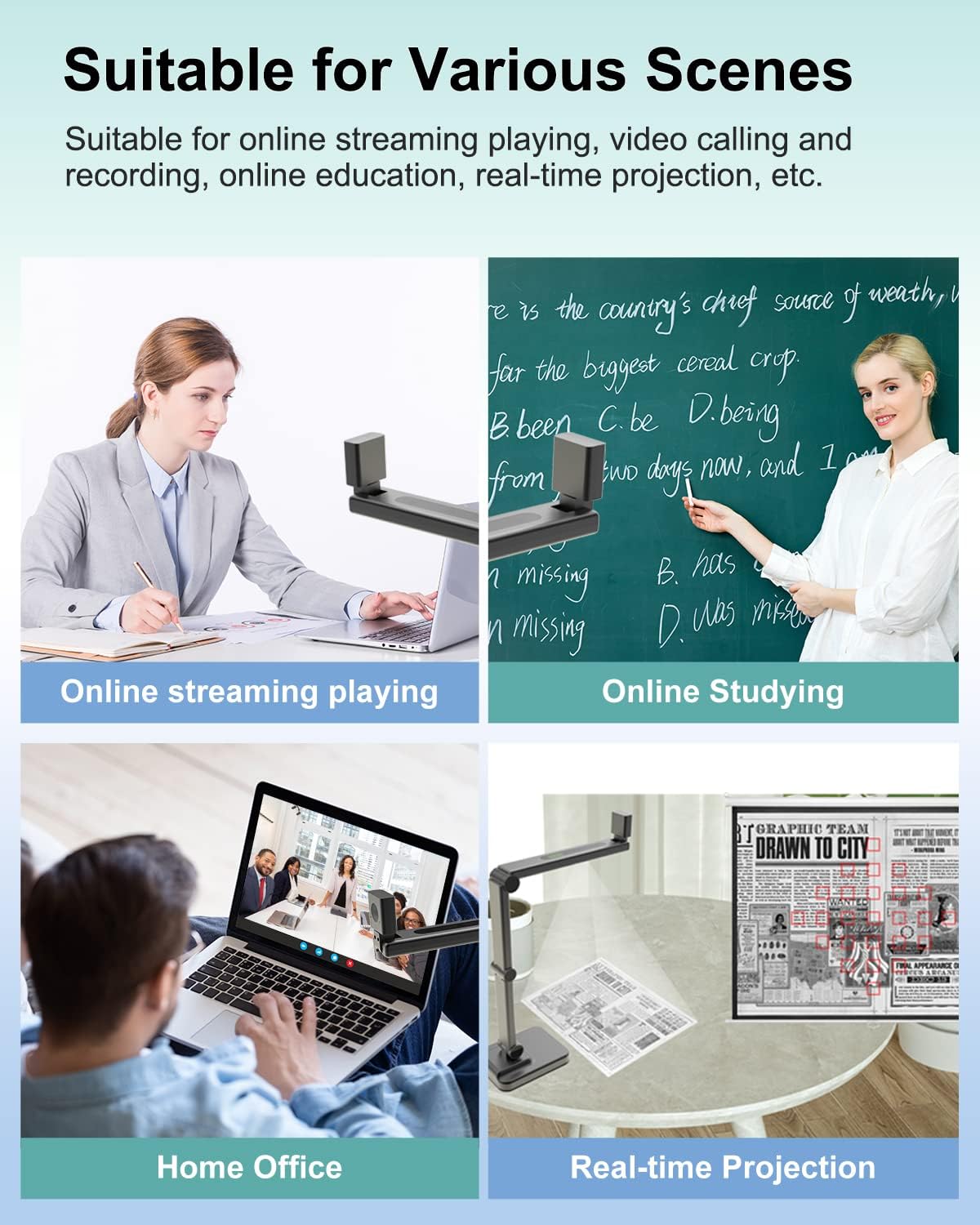 VIZOLINK 8MP Document Camera & Webcam with Noise-Canceling Microphone, A3-Size Capture, Auto Focus, 3-Levels Adjustable Brightness, for Live Demo, Home Office, Remote Teaching : Office Products