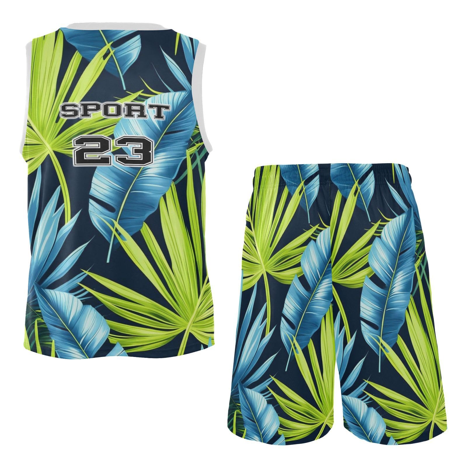FLildon Tropical Plam Leaf Blue Green Boys Basketball Jersey Set Tank Top Shorts Tracksuit Sport Training Suit for Kids, XXL
