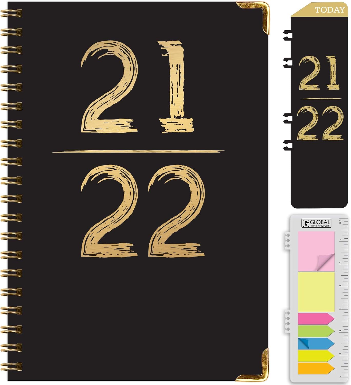 HARDCOVER Academic Year 2021-2022 Planner: (June 2021 Through July 2022) 5.5"x8" Daily Weekly Monthly Planner Yearly Agenda. Bookmark, Pocket Folder and Sticky Note Set (Black & Gold)