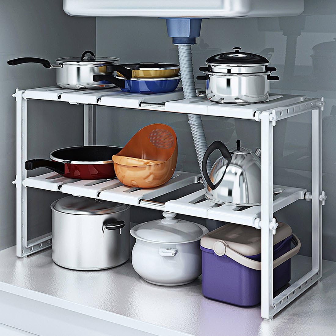 YOMYM 2 Tiers Expandable Kitchen Storage Multi-Functional Rack Adjustable Under Sink Organizer Storage Shelf Cabinet