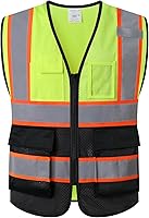 Vista 10 de Chaleco de seguridad de malla reflectante para hombres y mujeres, con 5 bolsillos y cremallera frontal, chaleco de malla de alta visibilidad Hi Vis