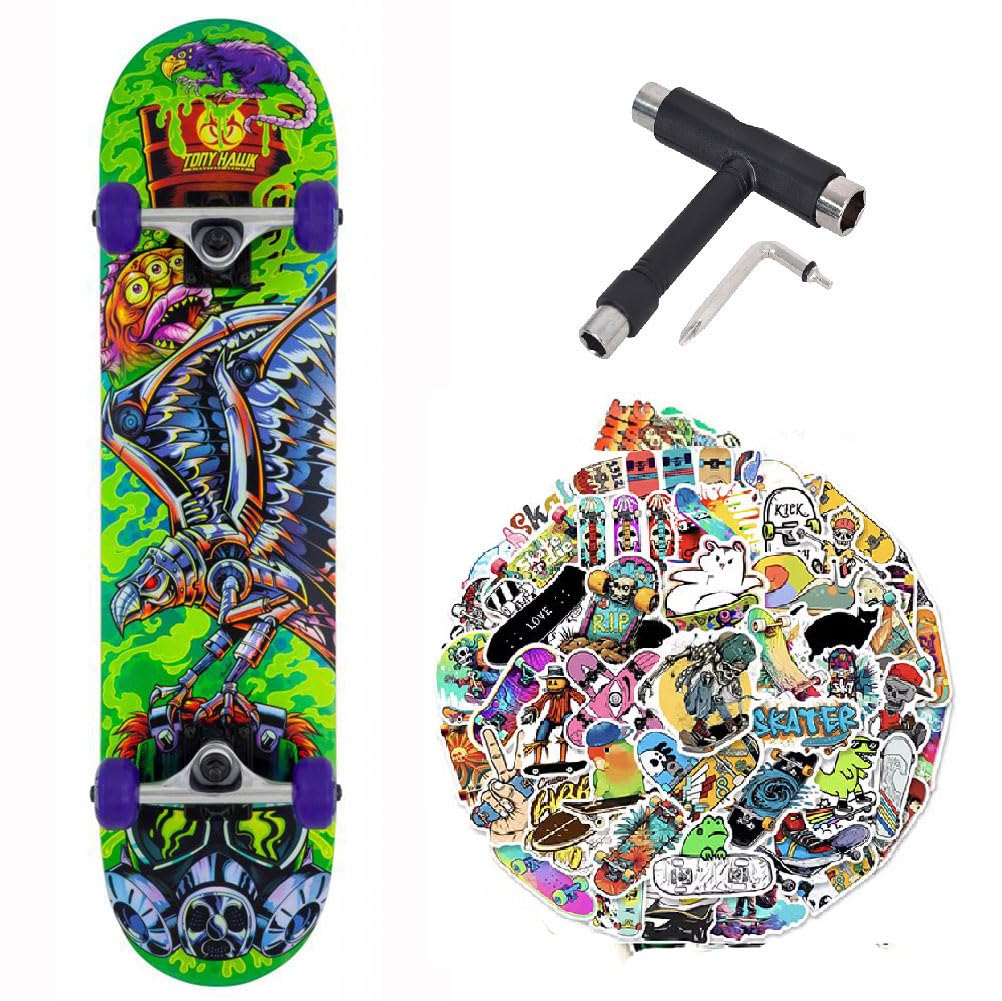Skateboard complet Tony Hawk professionnel pour garçons et adultes, série débutant 7,75" + outil polyvalent 50 autocollants brillants