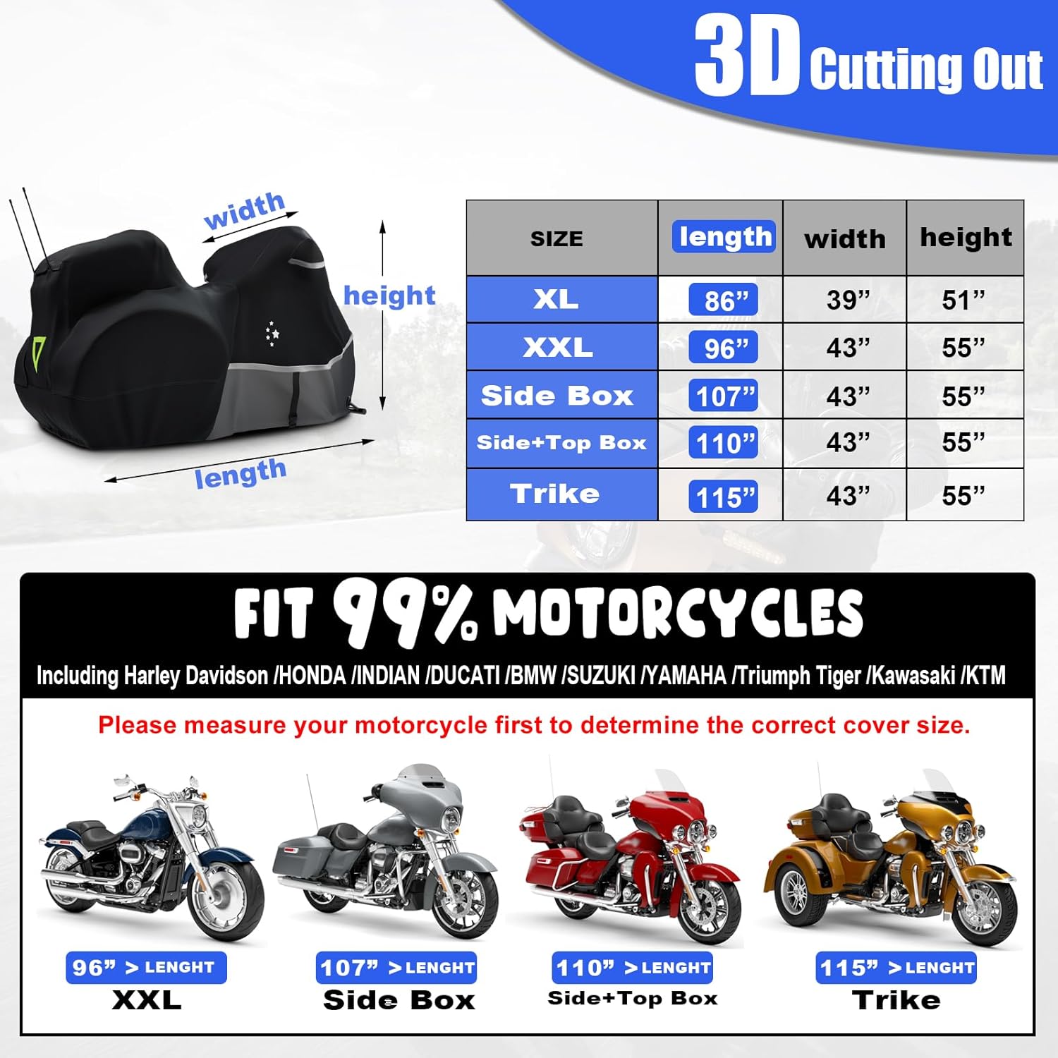 Motorcycle Cover with Side+Top Box Heavy Duty 420D Waterproof for Touring Models Harley Davidson Ultra Limited,Road Glide Limited, Gold Wing,Road Master,Indoor & Outdoor Storage Black/Gray