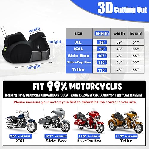 Vista 13 de Funda para motocicleta 420D resistente para todas las estaciones, universal, impermeable, protección al aire libre, 96 pulgadas, XXL, color negro