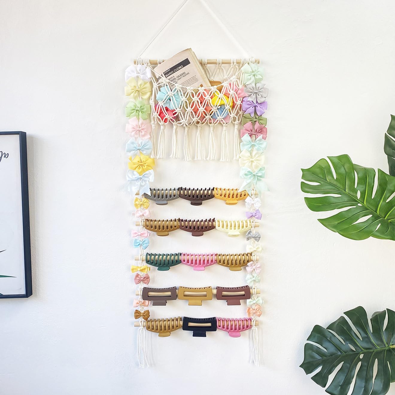 Macrame Boho Hair Claw Clip Organizer 6-Tier Large Capacity Mesh Bag Scrunchies Holder and Hair Ties Boho Hair Accessories Wall Hanging pocket Holder for Toddler Baby Girl Nursery Room Décor