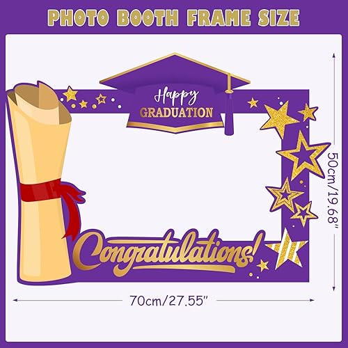 Miniatura 3 de Decoraciones de fiesta de graduación moradas y doradas 2023, marco grande de cabina de fotos de felicitación púrpura con 9 piezas de accesorios de