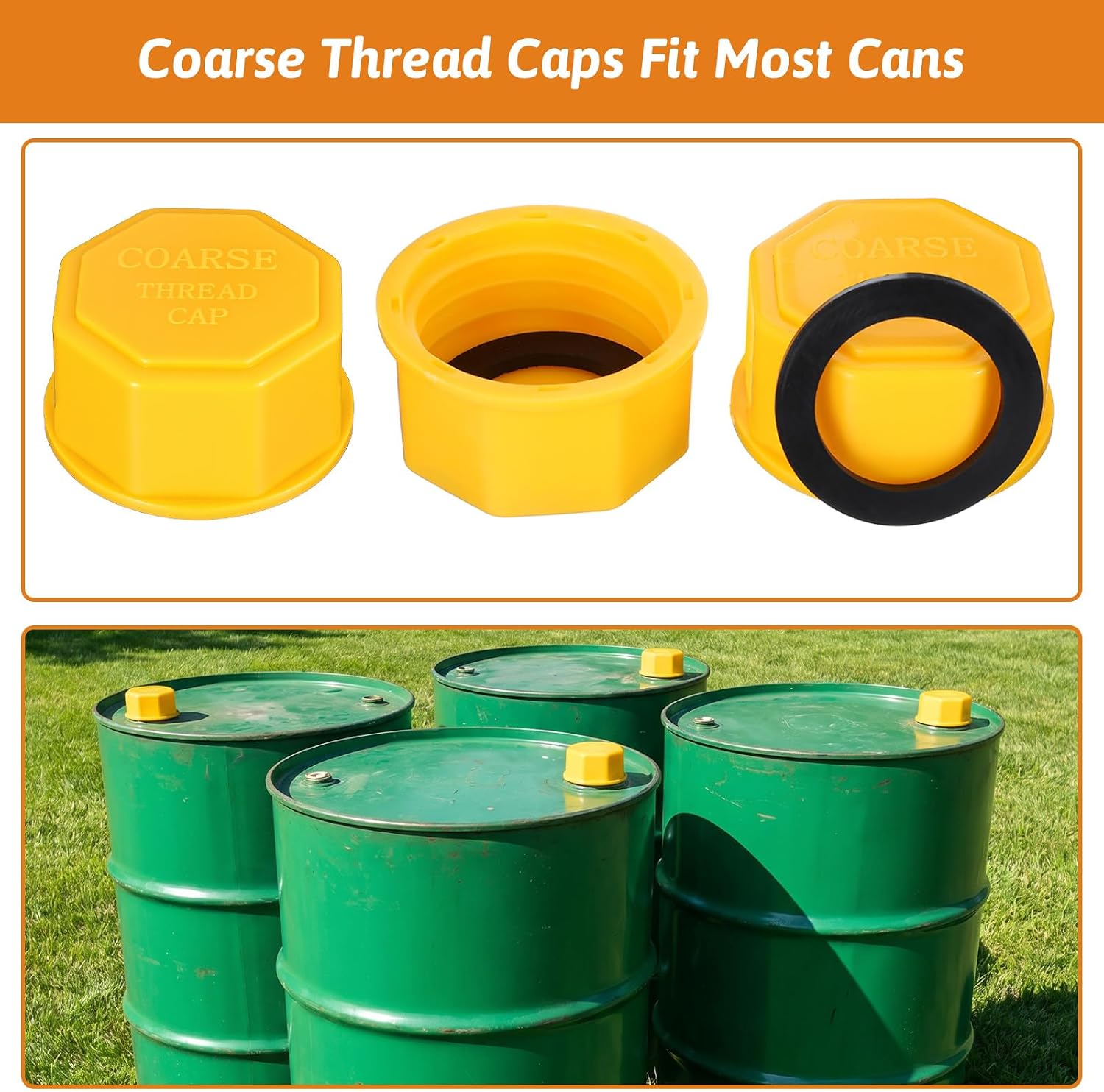 4PCS Universal Gas Can Cap Replacement 5 Gallon Heavy Duty Hdpe Coarse Thread Lids with Seal Gasket, Leak-Proof Plastic Caps Fits 1/2.5/5/10+ Gallon Cans Gasoline(1.73”-1.82” Mouth Size)(Yellow)