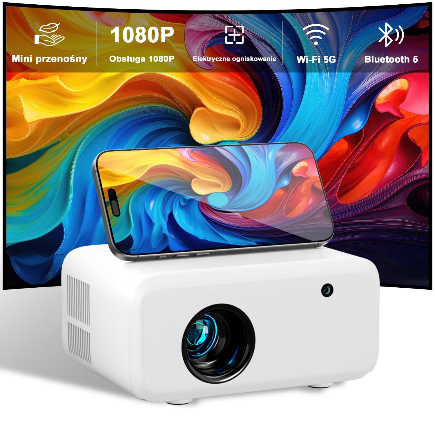 Mini Przenośny Projektor 2025 Upgraded, Visulapex V3 PRO Projektor 12000 Lumenów z Obsługą FHD 1080P, 50% Zoomem i Elektryczną Regulacją Ostrości, Projektor 5G WiFi Bluetooth dla iOS/Android/TV Stick