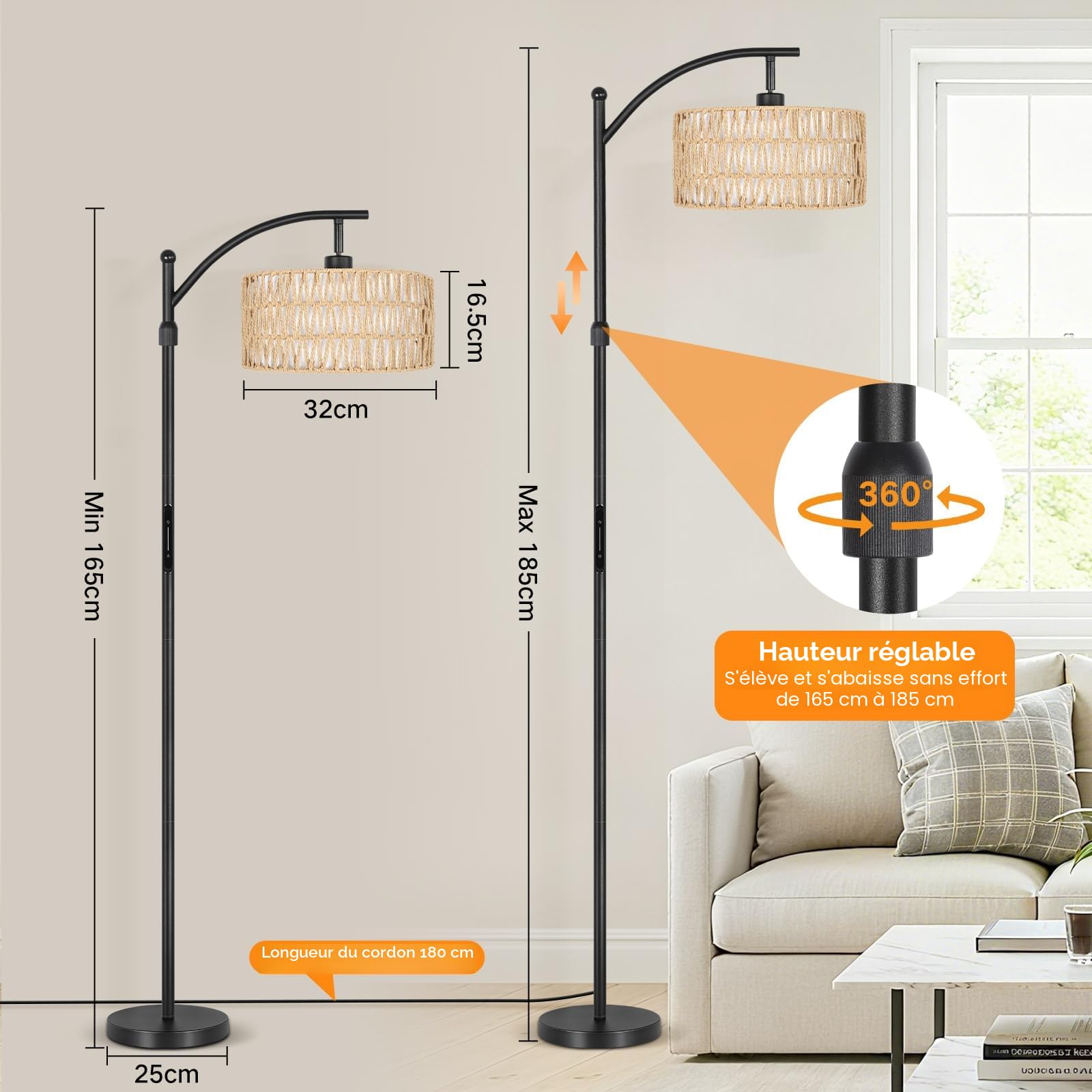 OUTON Lampadaire sur Pied en Rotin, Lampadaire Arc Boho avec App, Télécommande et Commande Tactile, 4 Températures de Couleur, 2 Abat-jours, 12W Lampadaires Vintage pour Salon, Chambre, Bureau, Noir