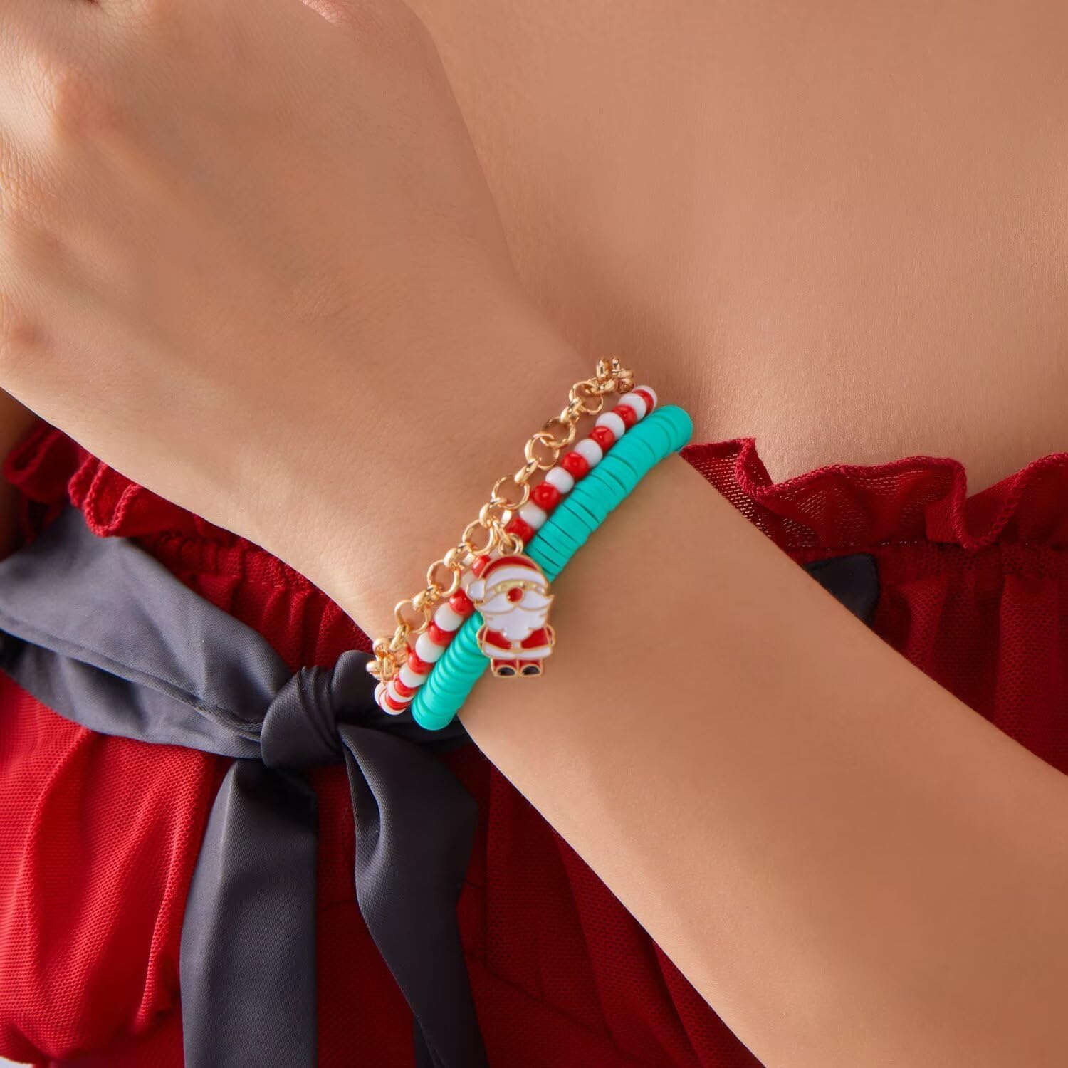 Todu Christmas Bracelets for Women Snowflake Santa Claus Christmas Tree Stackable Polymer Clay Beaded Bracelets New Year Xmas Party Jewelry Gifts - Image 2
