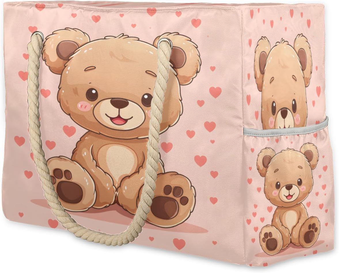 Love Cute Bears Beach Bag for Women Waterproof Sandproof Tote with Zipper Cotton Rope Handles for Travel Pool Gym Shopping