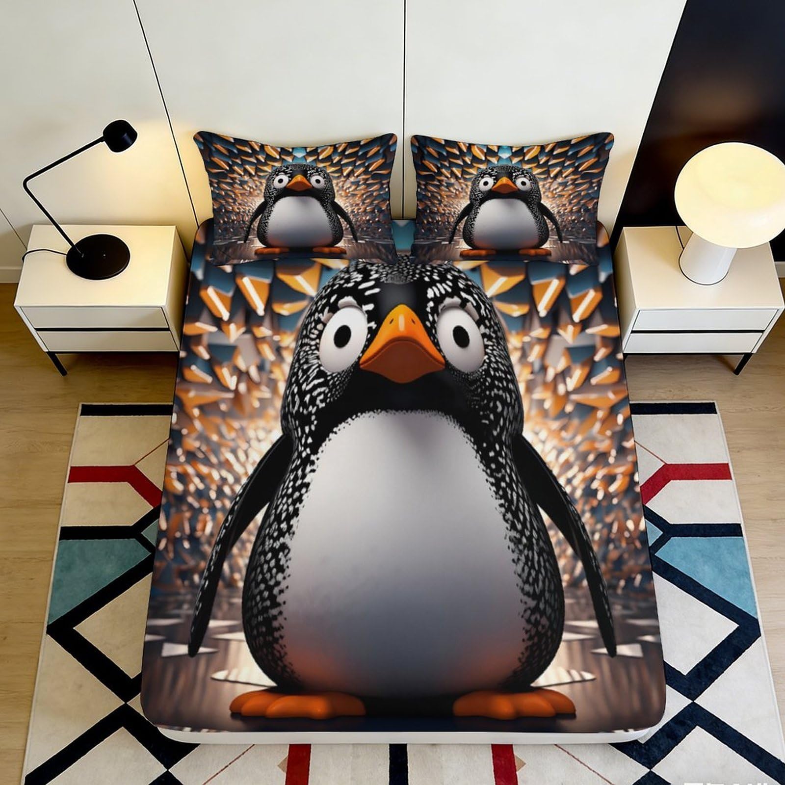 3D Printed Penguin Cartoon Fitted Sheet Microfiber Soft Durable 3D Printed Abstract Bed Cover for Bedroom Dormitory Guest Room Mattress Protection 120x200x25cm