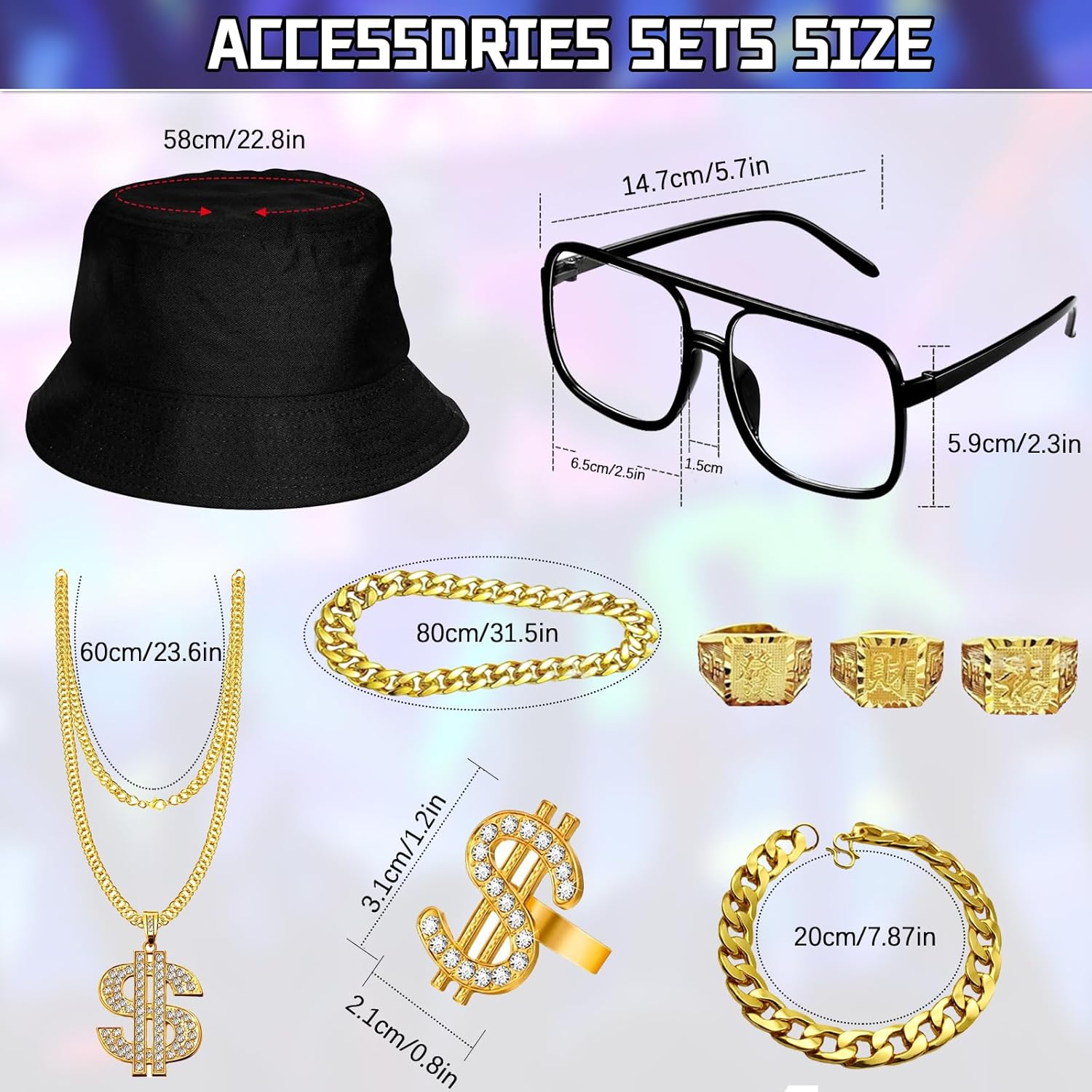 11PCS 80s 90s Outfit for Men Halloween Tracksuit Set Hat 3 Ring Dollar Ring Necklace Dollar Necklace Bracelet Glasses