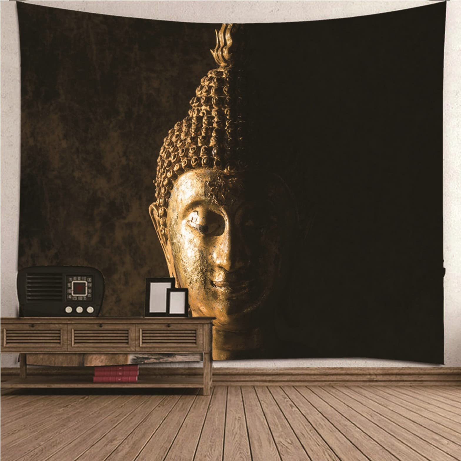 Isdreem Arazzo da Parete Arte Telo Muro Cameretta Testa di Buddha Tema Buddista Letto Copriletto Invernale Nero Tessuto per Coperte Appendere Alla 200x150cm