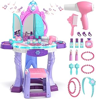 Lehoo Castle Kids Vanity Table and Chair Set, Girls Makeup Table with Mirror Stool Lights Music, Toddler Pretend Play Vanity Set for Princess Dress Up, Girl Toys Gifts for Age 3 4 5 Years Old