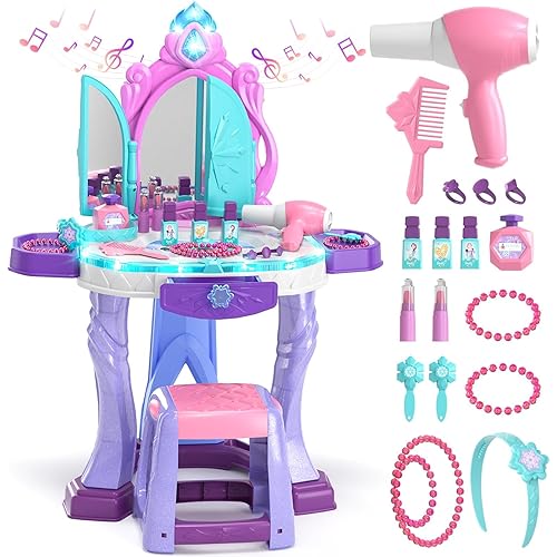 Lehoo Castle Kids Vanity Table and Chair Set, Girls Makeup Table with Mirror Stool Lights Music, Toddler Pretend Play Vanity Set for Princess Dress Up, Girl Toys Gifts for Age 3 4 5 Years Old