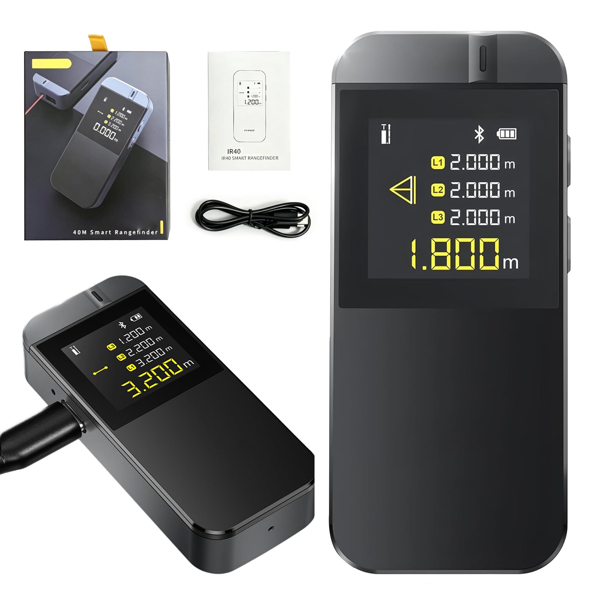 Telémetro Láser IR40 40m, Precisión ±2 mm, Medidor Laser Distancia con Bluetooth, Pantalla de Giro Automático, 8 Modos, Batería Recargable, para Bricolaje, Mide Distancia, Superficie, Volumen y Altura