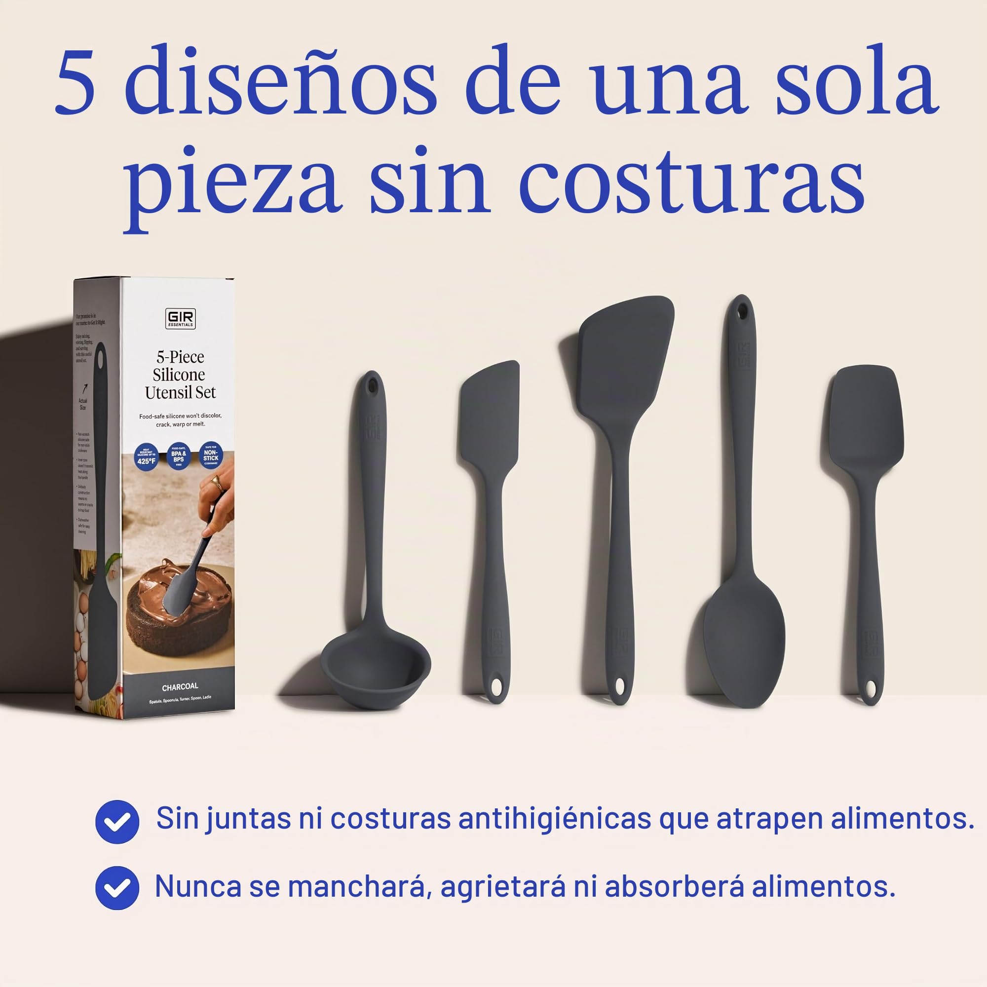 GIR Juego de utensilios de cocina de silicona de 5 piezas, utensilios de cocina no tóxicos para cocinar y hornear, resistentes al calor, grado alimenticio, espátula de goma apta para lavavajillas