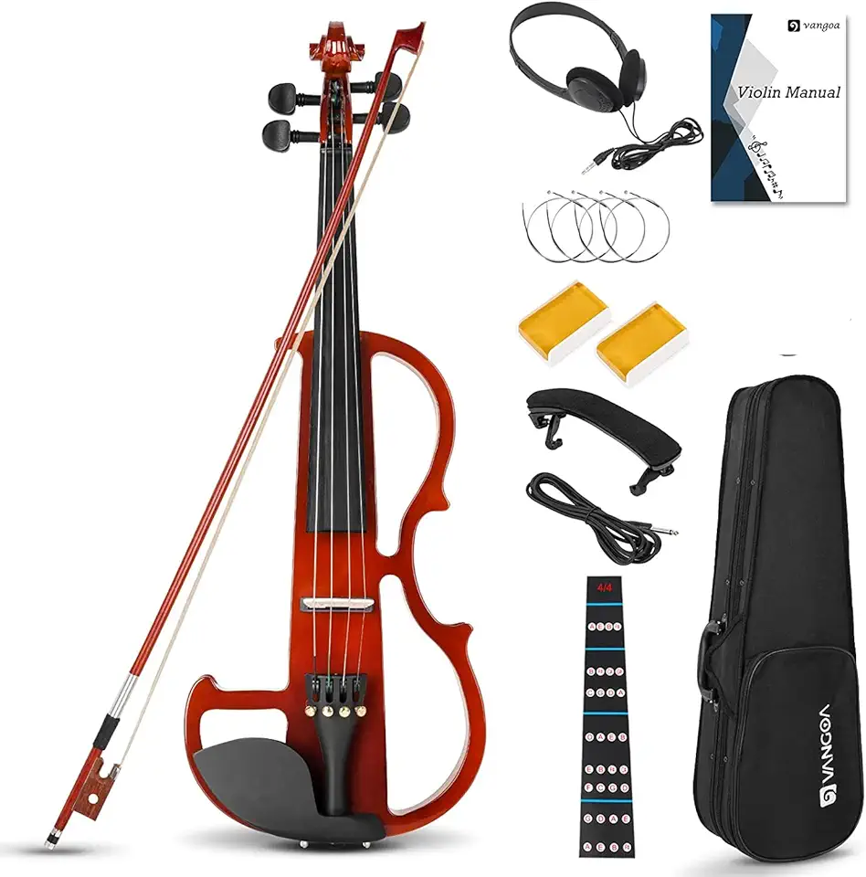 Vangoa Conjunto de violino elétrico 4/4 tamanho completo para adolescentes iniciantes e adultos, madeira de bordo metálica, eletrônica, com acessórios de ébano, rosa