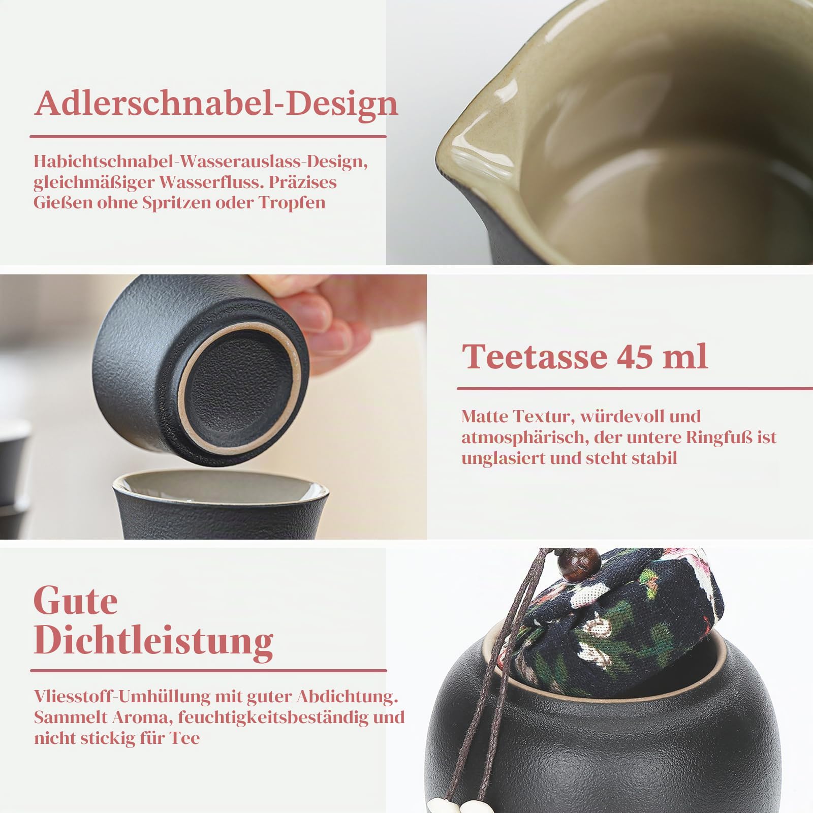 Japanisches Teeservice Chinesisches Teeset 14-tlg Teekanne mit 6 Tassen Keramik Teeservice für Zuhause Büro Reisen Geschenk Schwarz
