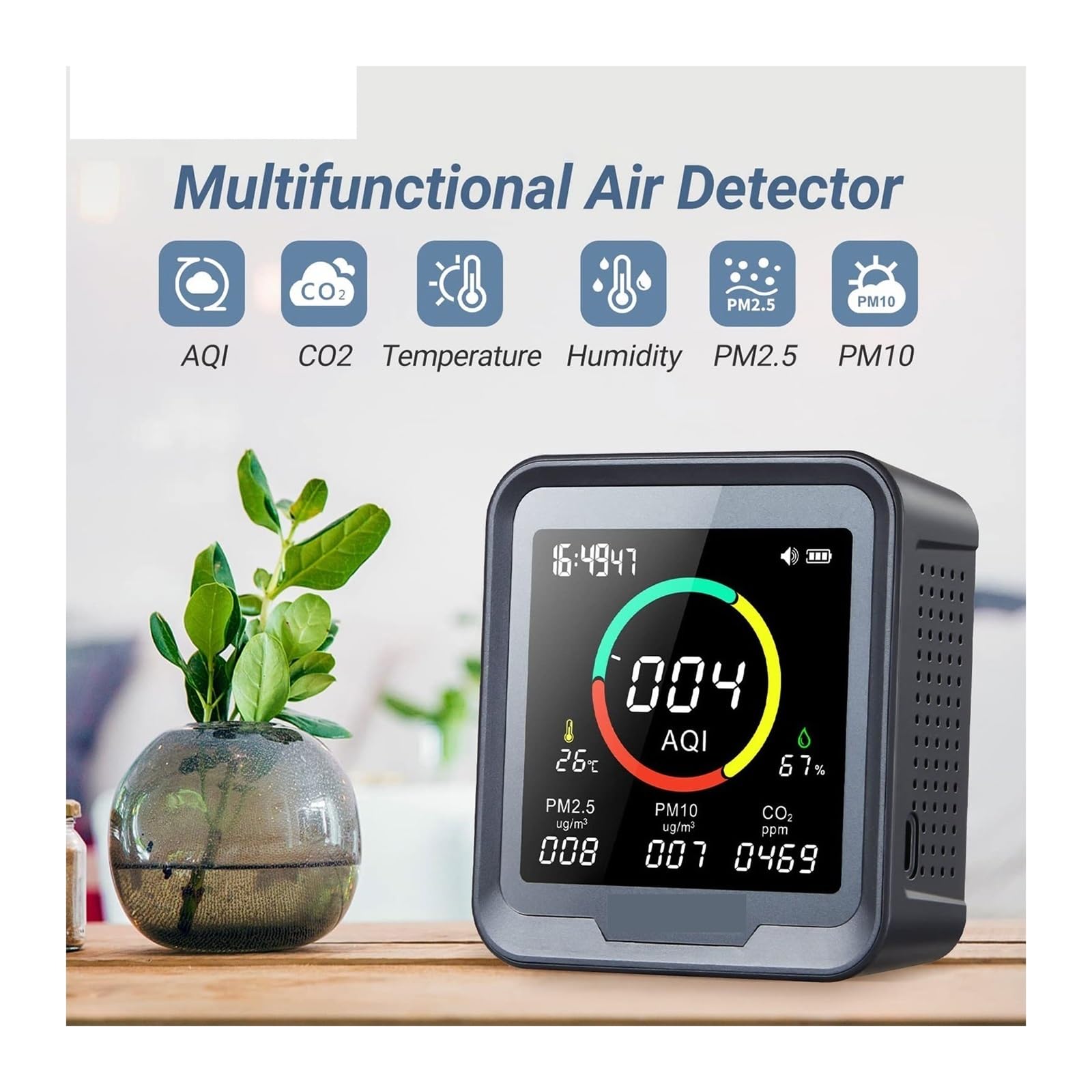 Detector de Gases, Monitor de Calidad del Aire Que detecta CO2, PM2.5, PM10, ICA, Temperatura y Humedad con Alarma for Habitaciones, sótanos oficinas