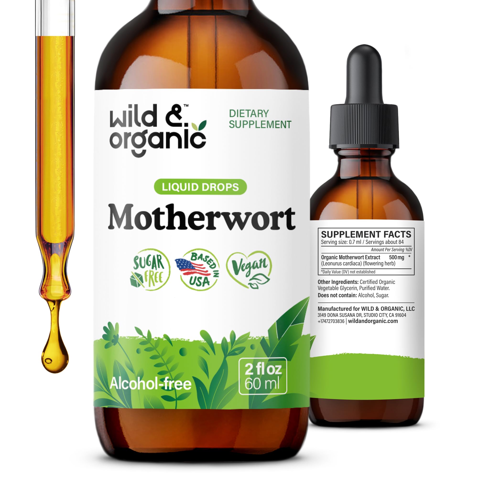 Wild & Organic Motherwort Tincture - Good Mood, Calmness, Women's Support - Motherwort Herb Extract Drops - Vegan, Sugar & Alcohol-Free Supplement - 2 fl oz